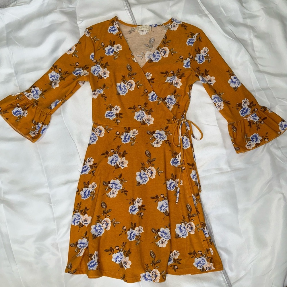 Altar’d State Mustard Yellow Floral Faux Wrap Midi Dress size small - Picture 2 of 8
